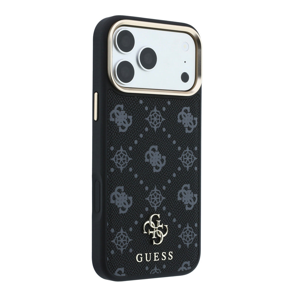 Zwart Guess telefoonhoesje met 4G-patroon en klein logo, schuin van achteren