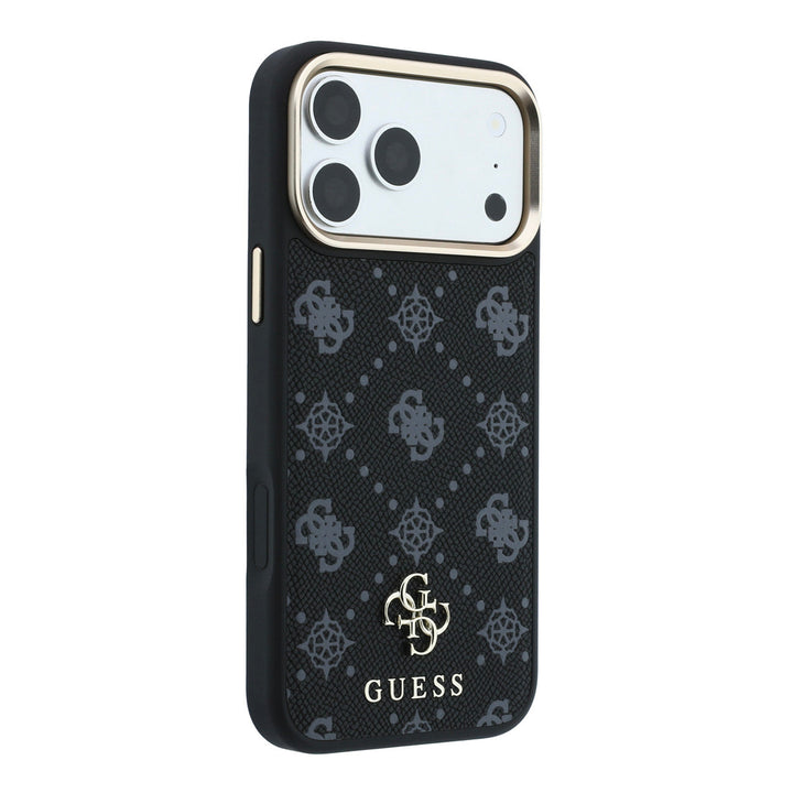 Zwart Guess telefoonhoesje met 4G-patroon en klein logo, schuin van achteren