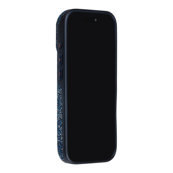 Blauw TUNIQ telefoonhoesje, van voren op een telefoon