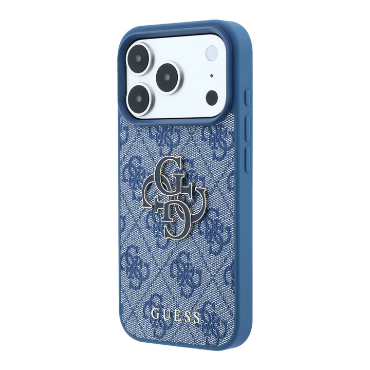 Blauw Guess telefoonhoesje met 4G-patroon en groot logo, schuin van achteren