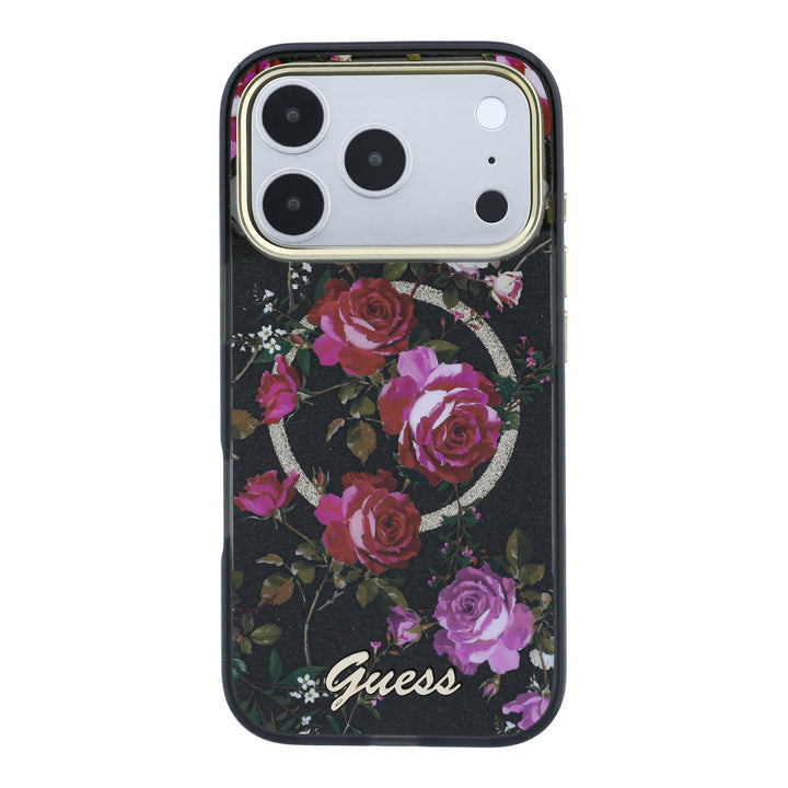 Zwart Guess telefoonhoesje met rozenprint, glitters, ring en schriftlogo, van achteren