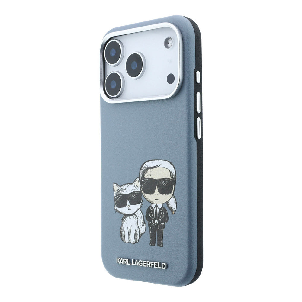 Grijsblauw Karl Lagerfeld telefoonhoesje met figuren van Karl en Choupette, schuin van achteren