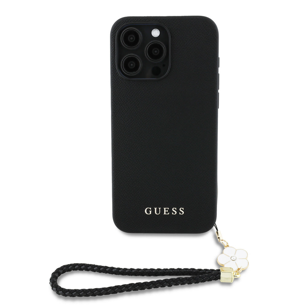 Zwart Guess telefoonhoesje met polskoord en bloemvormige hanger, van achteren