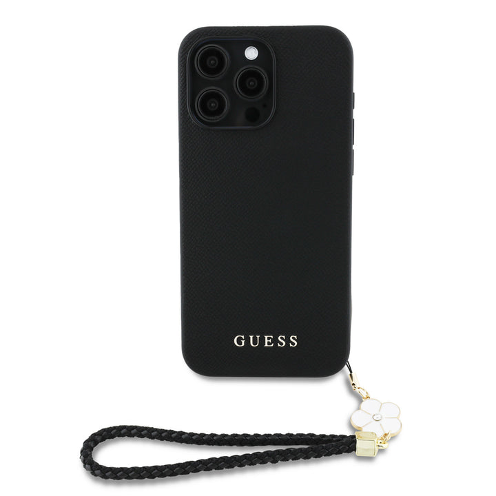 Zwart Guess telefoonhoesje met polskoord en bloemvormige hanger, van achteren