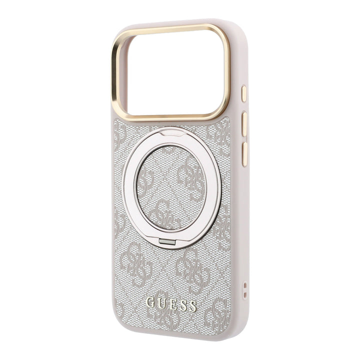 Leeg lichtgekleurd Guess telefoonhoesje met 4G-patroon met ingeklapte ringstandaard