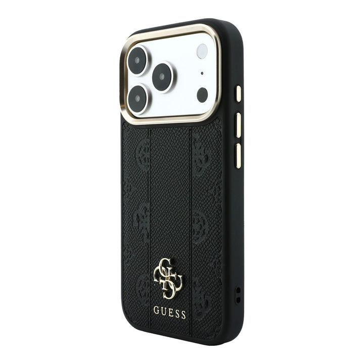 Zwart Guess telefoonhoesje met bloemenpatroon, verticale banen en 4G-logo, schuin van achteren
