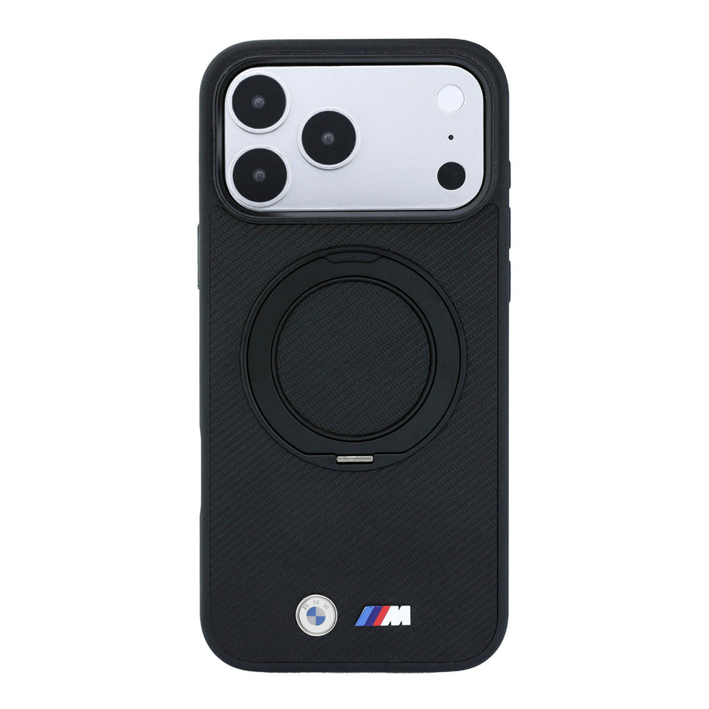 Zwart BMW telefoonhoesje met M-logo met ingeklapte ringstandaard, van achteren