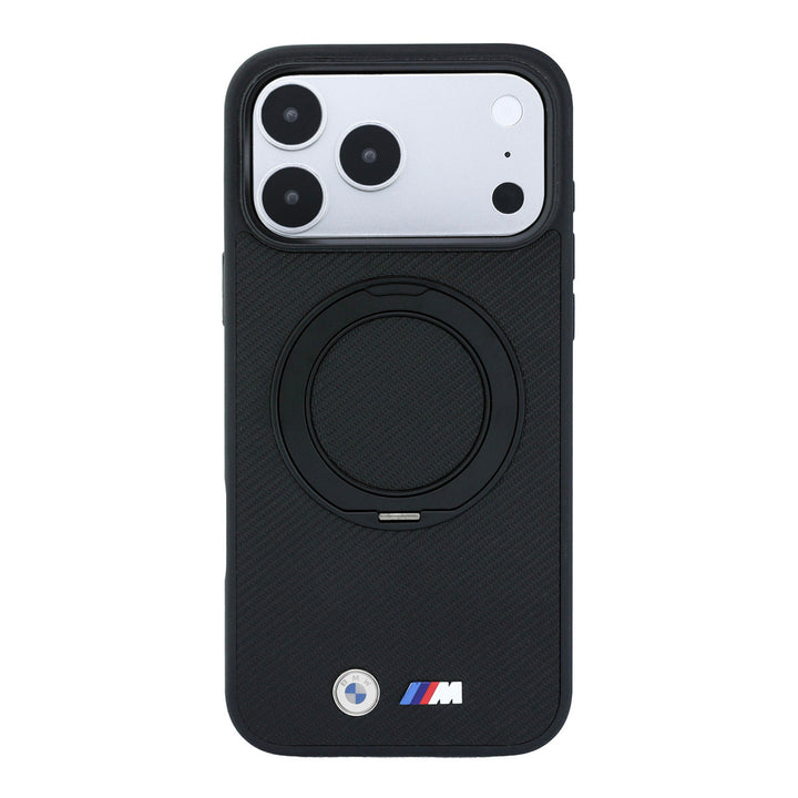 Zwart BMW telefoonhoesje met M-logo met ingeklapte ringstandaard, van achteren