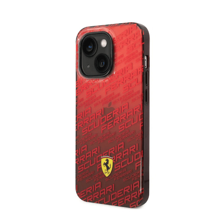 Rood Ferrari telefoonhoesje met letterpatroon en geel schildlogo, schuin van achteren