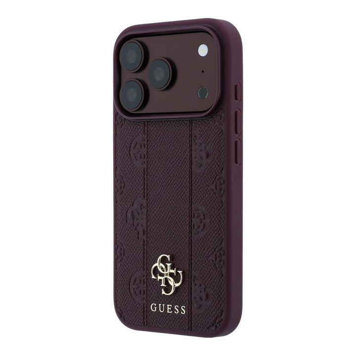 Bordeauxkleurig Guess telefoonhoesje met bloemenpatroon, verticale banen en 4G-logo, schuin van achteren