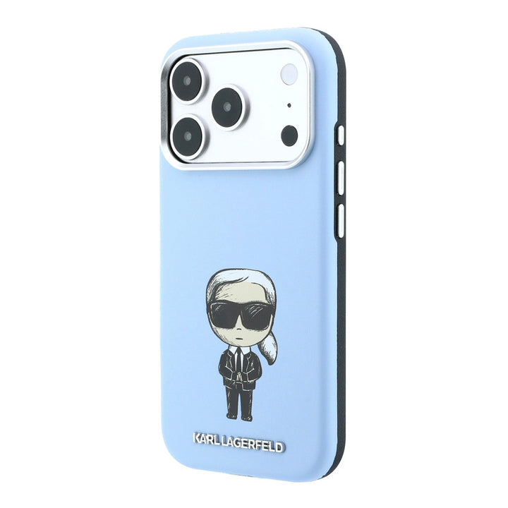 Lichtblauw Karl Lagerfeld telefoonhoesje met figuur van Karl, schuin van achteren
