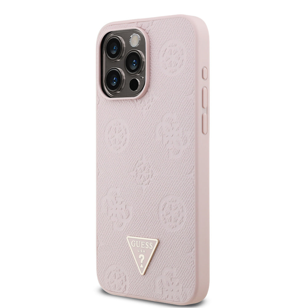 Roze Guess telefoonhoesje met bloemenpatroon en driehoekslogo, schuin van achteren