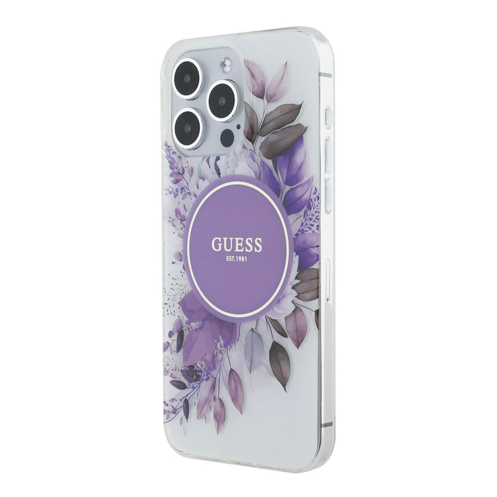 Guess telefoonhoesje met paarse bloemen en rond logo, schuin van achteren