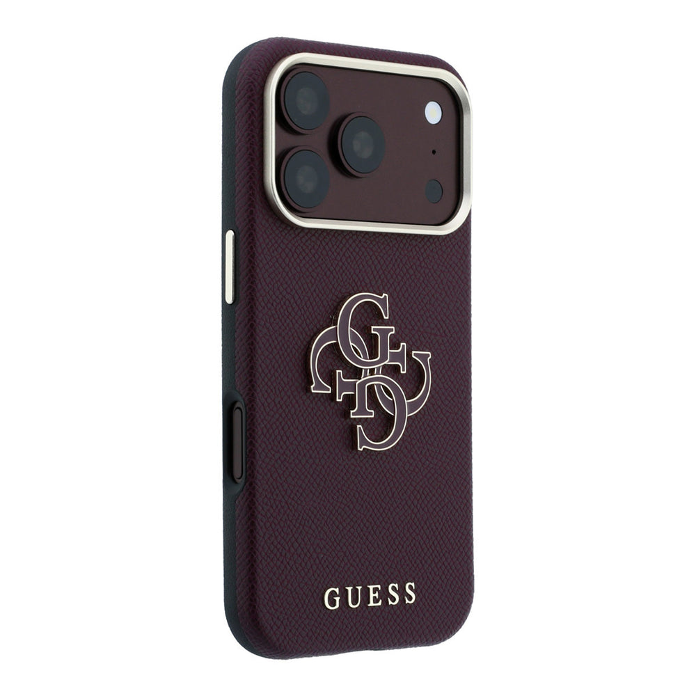 Bordeauxkleurig Guess telefoonhoesje met groot 4G-logo, schuin van achteren