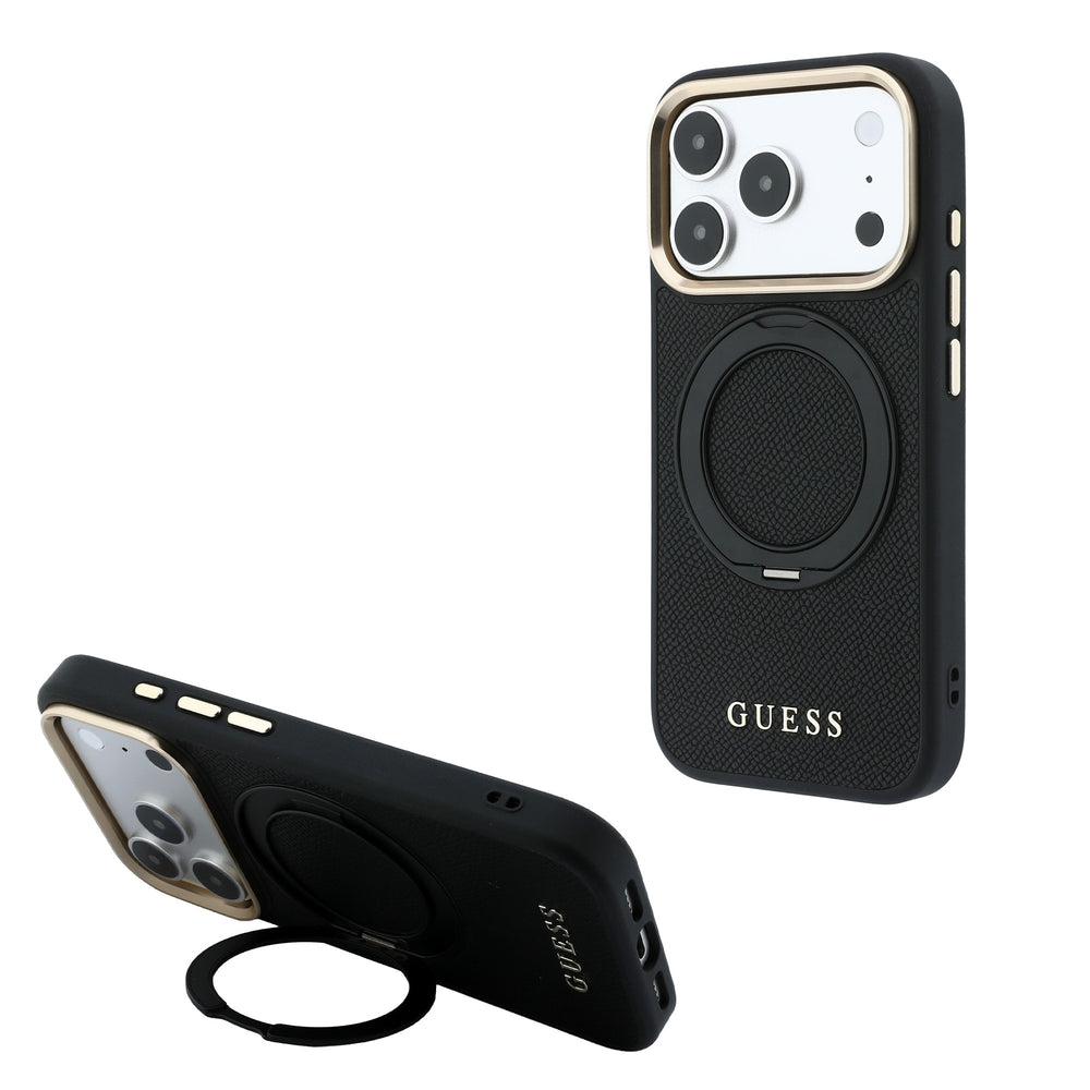 Zwart Guess telefoonhoesje met ringstandaard als horizontale en verticale telefoonsteun