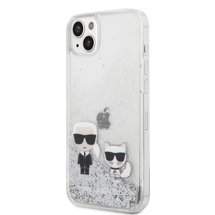 Transparant Karl Lagerfeld telefoonhoesje met zilverkleurige glitters, Karl en Choupette, schuin van achteren