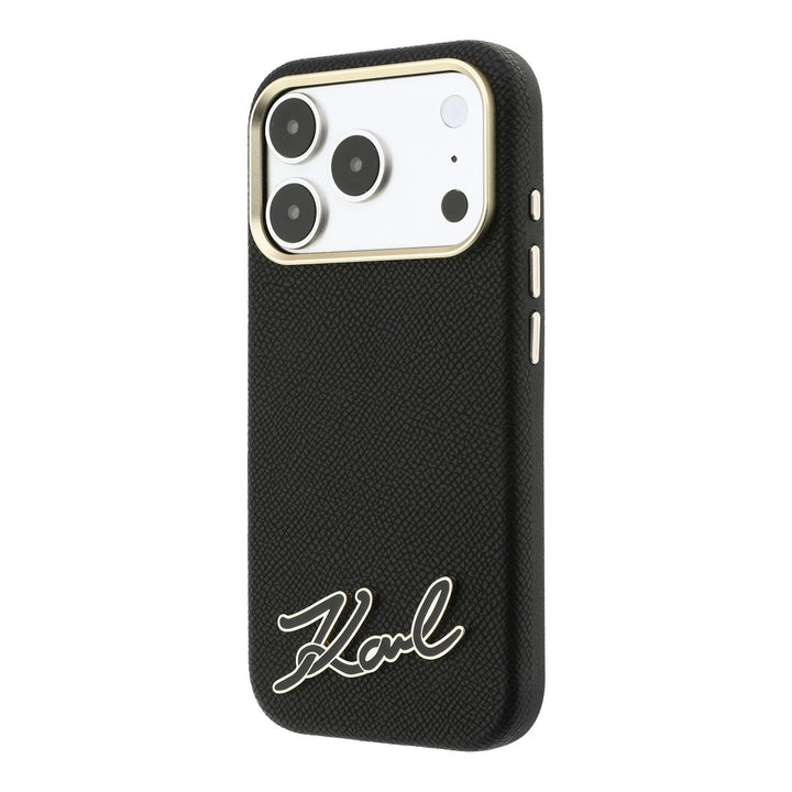 Zwart Karl Lagerfeld telefoonhoesje met schriftlogo, schuin van achteren