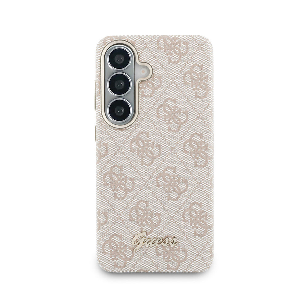 Roze Guess telefoonhoesje met 4G-patroon en goudkleurig schriftlogo, van achteren
