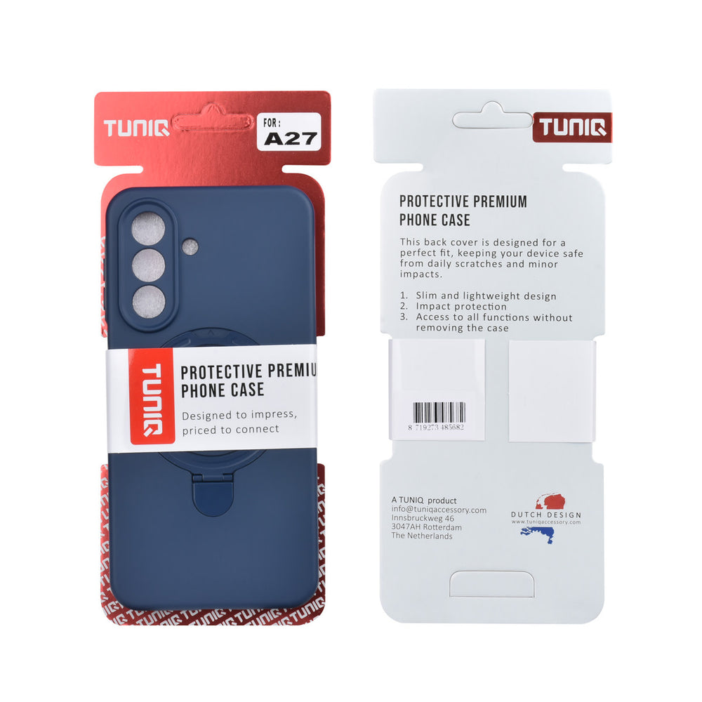 Voor- en achterkant van verpakking van donkerblauw TUNIQ telefoonhoesje met ringstandaard