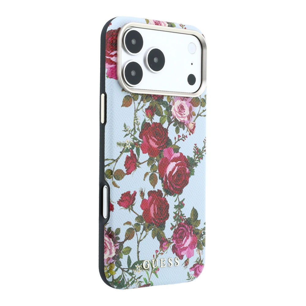 Lichtgekleurd Guess telefoonhoesje met rozenprint, vanaf de andere zijkant