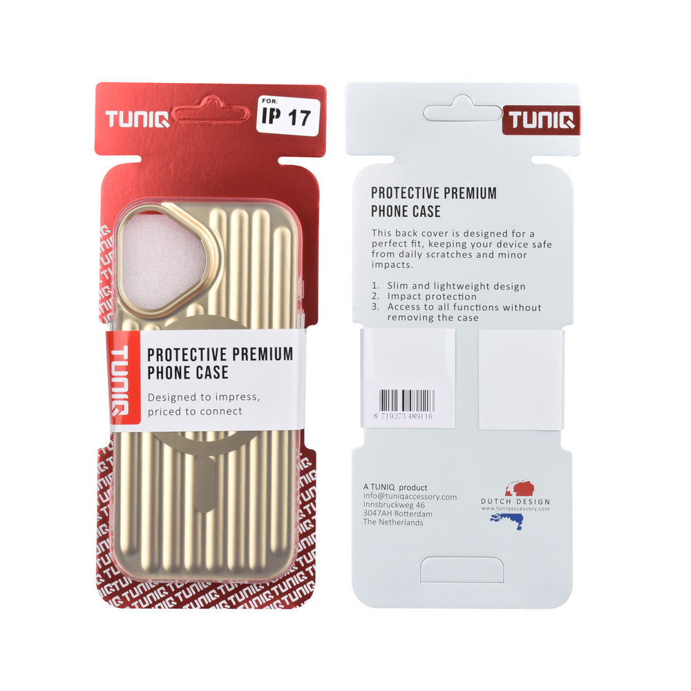 Voor- en achterkant van verpakking van goudkleurig TUNIQ telefoonhoesje met verticale ribbels en ring