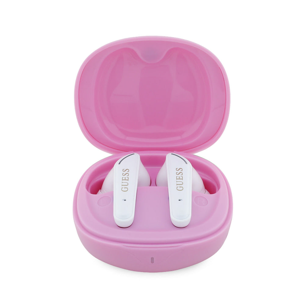 Geopende roze Guess oplaadcase met witte oordopjes