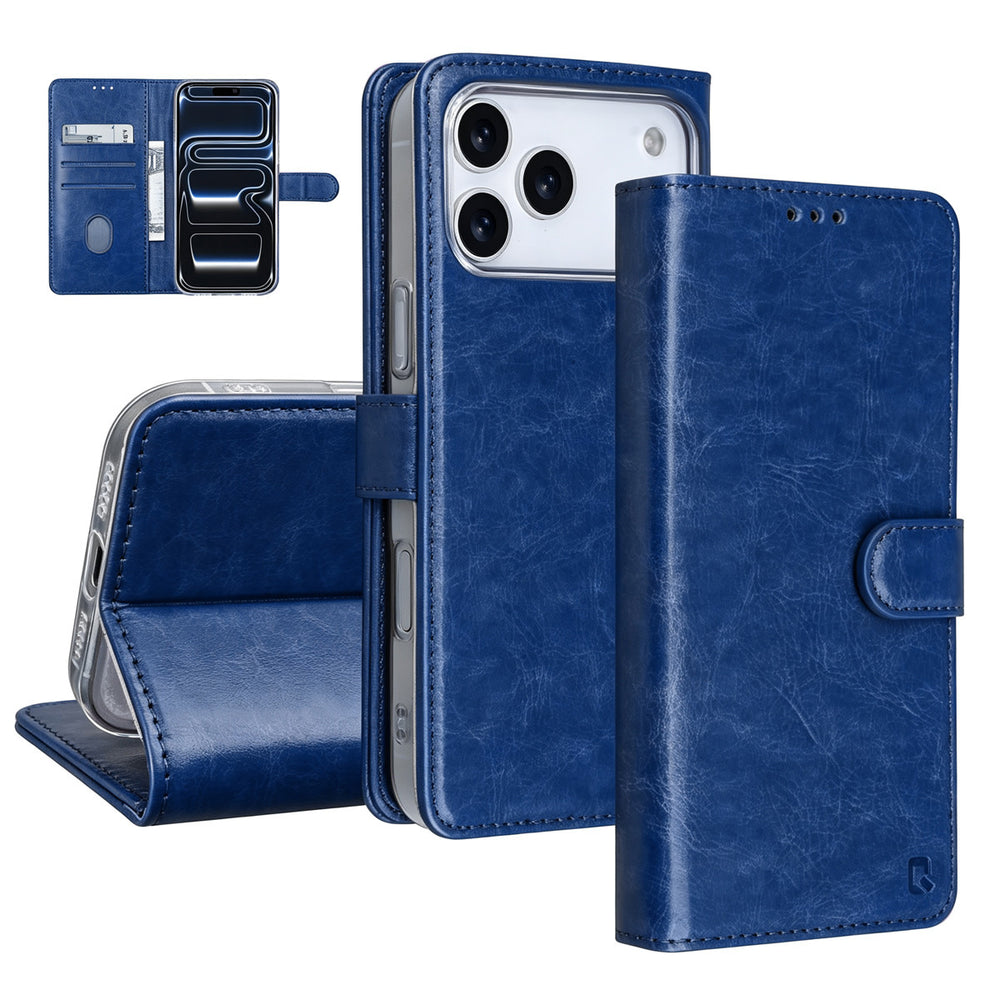 Blauwe TUNIQ bookcase gesloten en als horizontale telefoonstandaard
