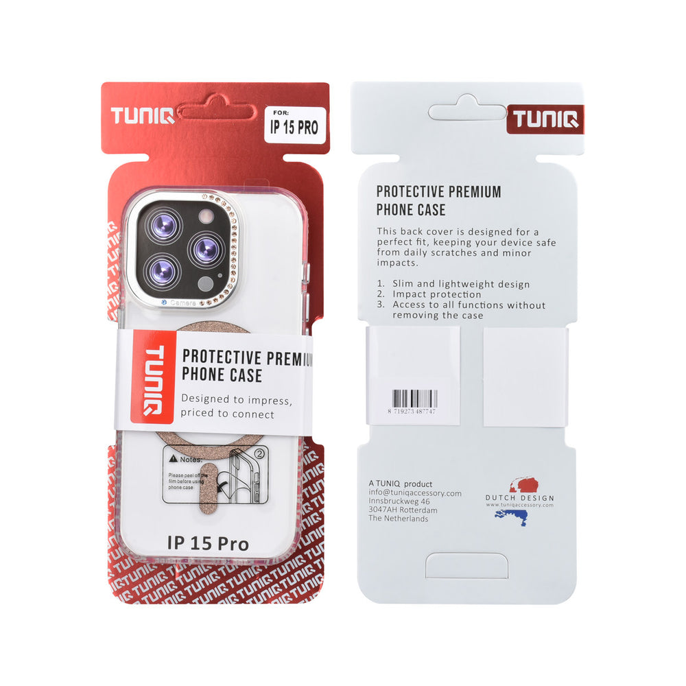 Voor- en achterkant van verpakking van transparant TUNIQ telefoonhoesje met goudkleurige glitterring en rand