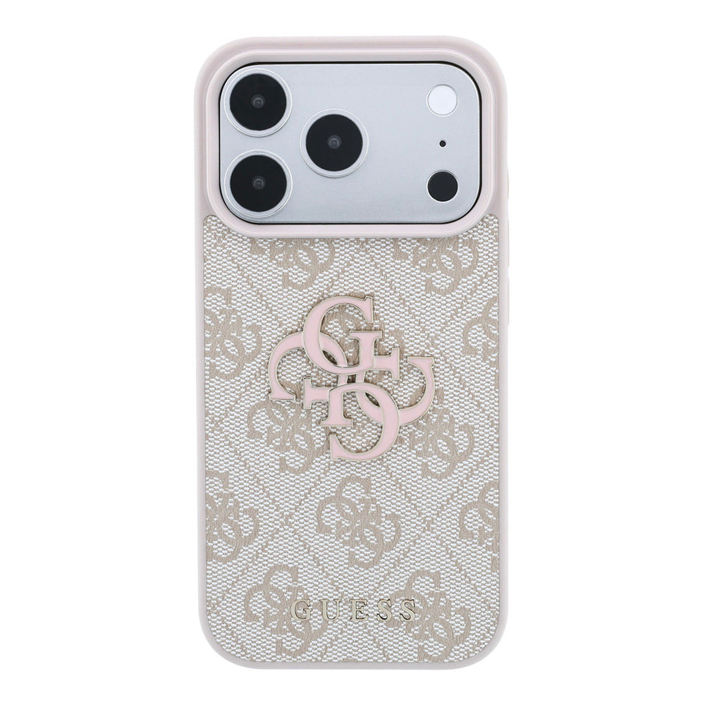 Lichtgekleurd Guess telefoonhoesje met 4G-patroon en groot logo, van achteren