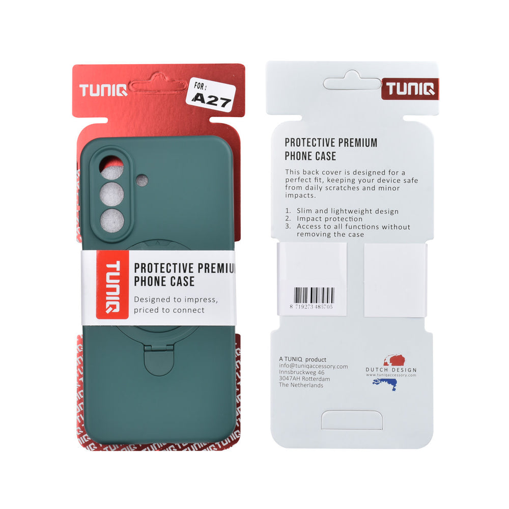 Voor- en achterkant van verpakking van donkergroen TUNIQ telefoonhoesje met ringstandaard