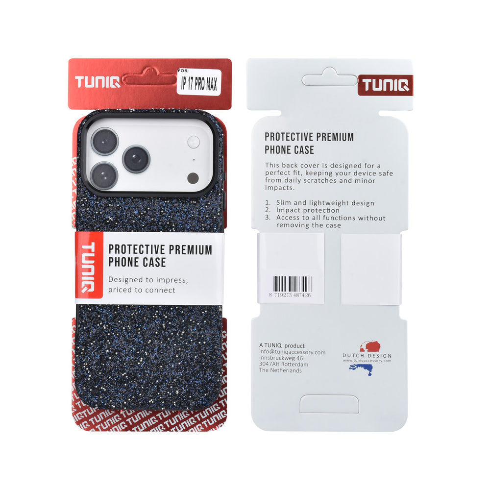 Voor- en achterkant van verpakking van zwart TUNIQ telefoonhoesje met glitters