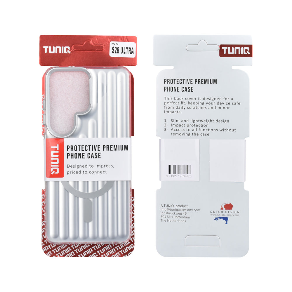 Voor- en achterkant van verpakking van zilverkleurig TUNIQ telefoonhoesje met verticale ribbels en ring