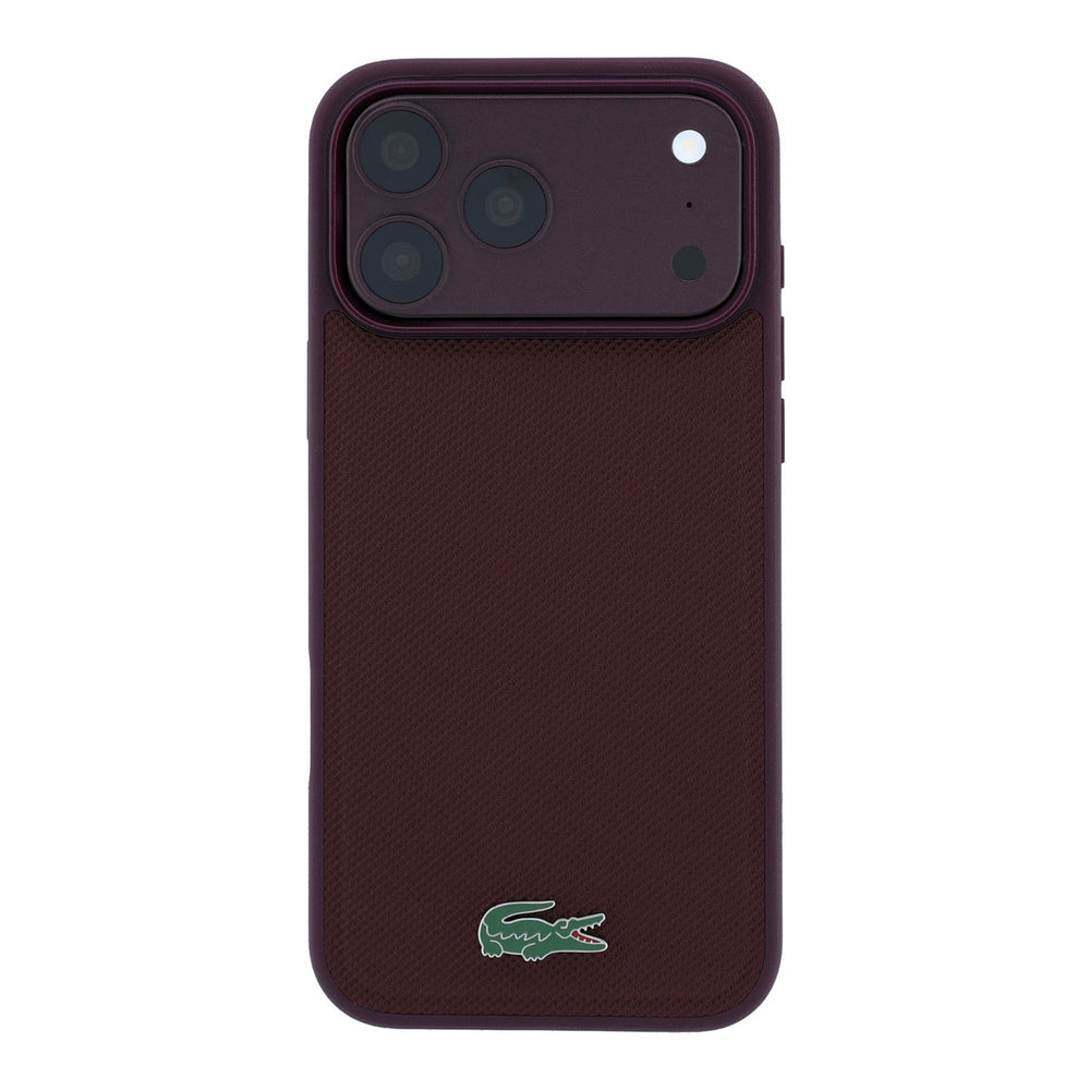 Bordeauxkleurig Lacoste telefoonhoesje met krokodillenlogo, van achteren