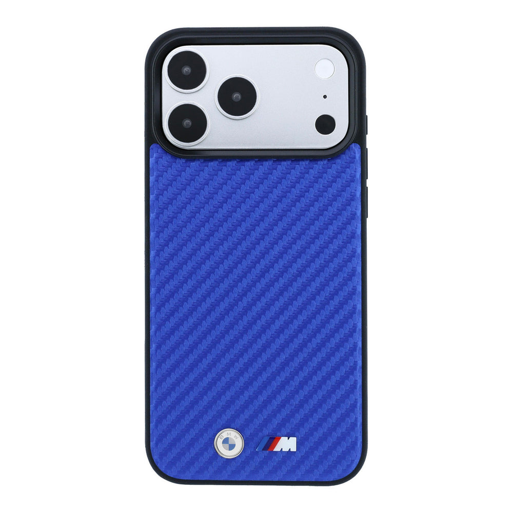 Blauw BMW telefoonhoesje met diagonaal patroon, zwarte rand en M-logo, van achteren