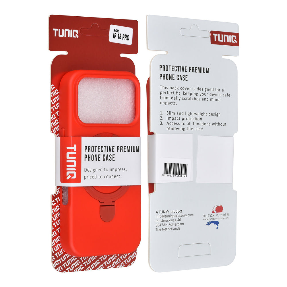 Voor- en achterkant van verpakking van rood TUNIQ telefoonhoesje met ringstandaard