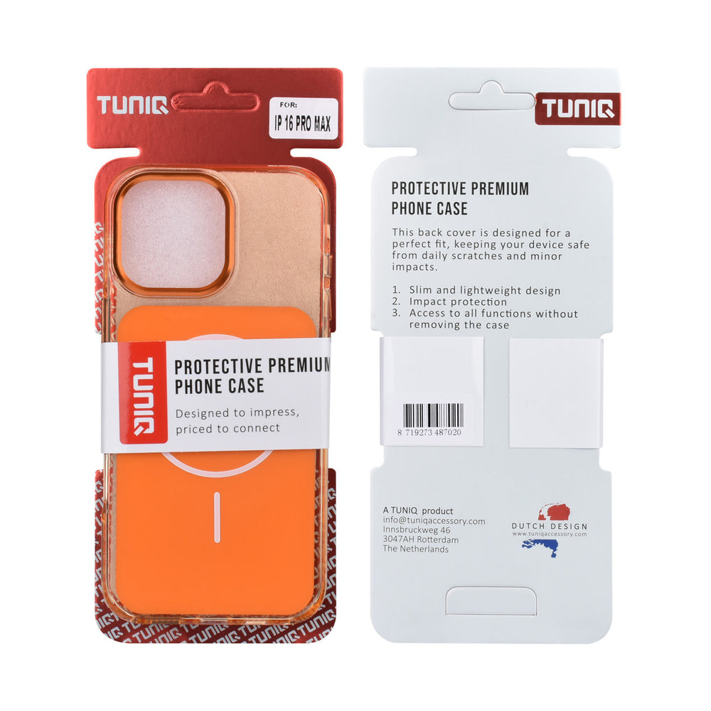 Voor- en achterkant van verpakking van oranje TUNIQ telefoonhoesje met witte ring