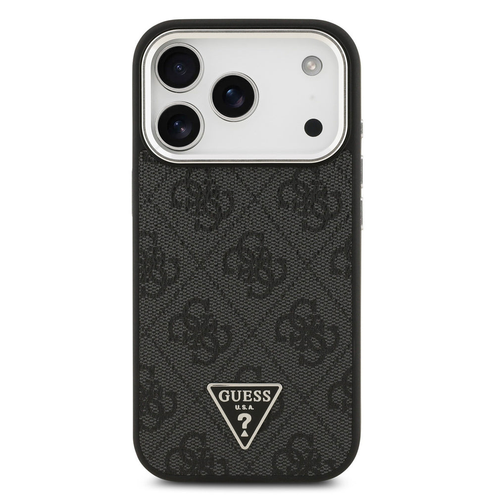 Zwart Guess telefoonhoesje met 4G-patroon en driehoekslogo, van achteren