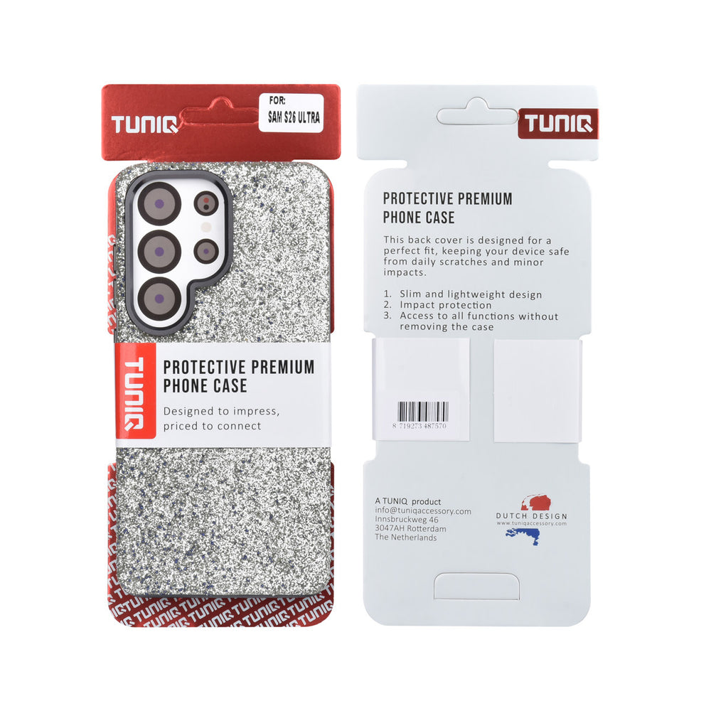 Voor- en achterkant van verpakking van grijs TUNIQ telefoonhoesje met glitters