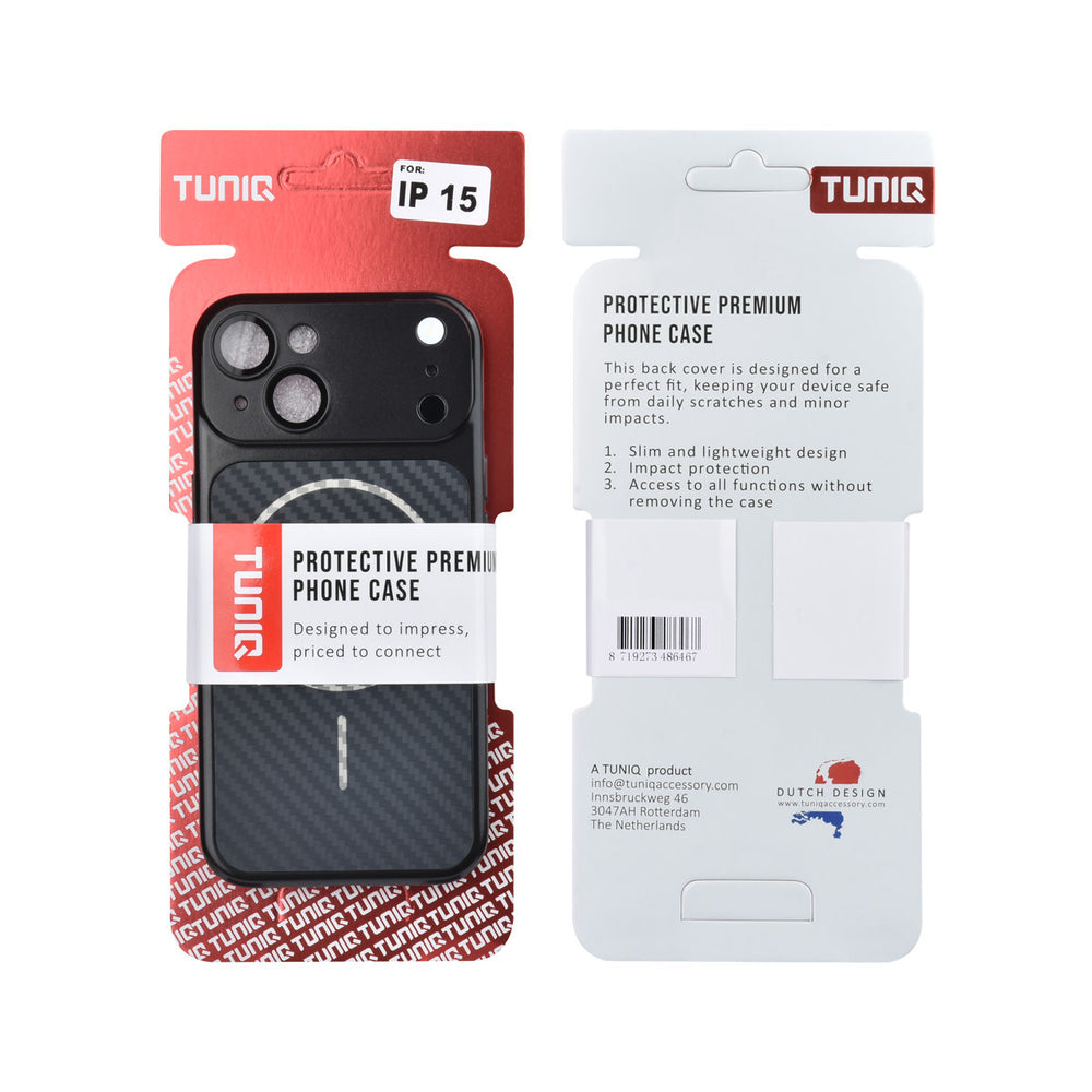 Voor- en achterkant van verpakking van zwart TUNIQ telefoonhoesje met diagonaal patroon en ring
