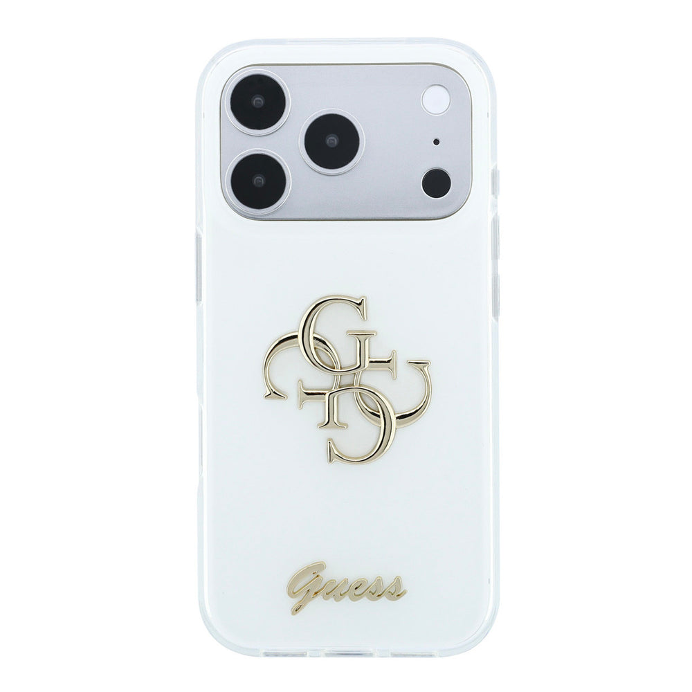 Wit Guess telefoonhoesje met groot 4G-logo en goudkleurig schriftlogo, van achteren