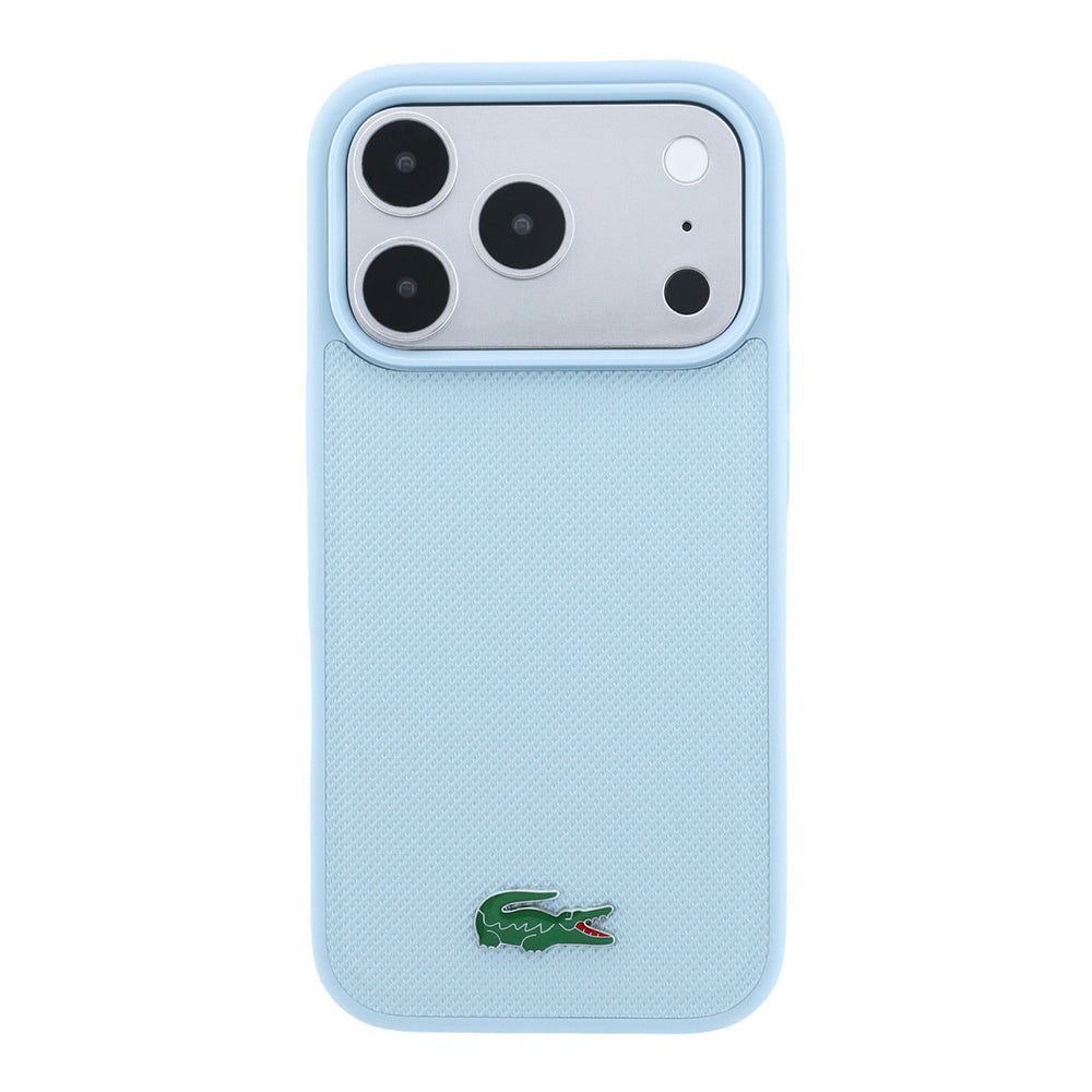 Lichtblauw Lacoste telefoonhoesje met krokodillenlogo, van achteren