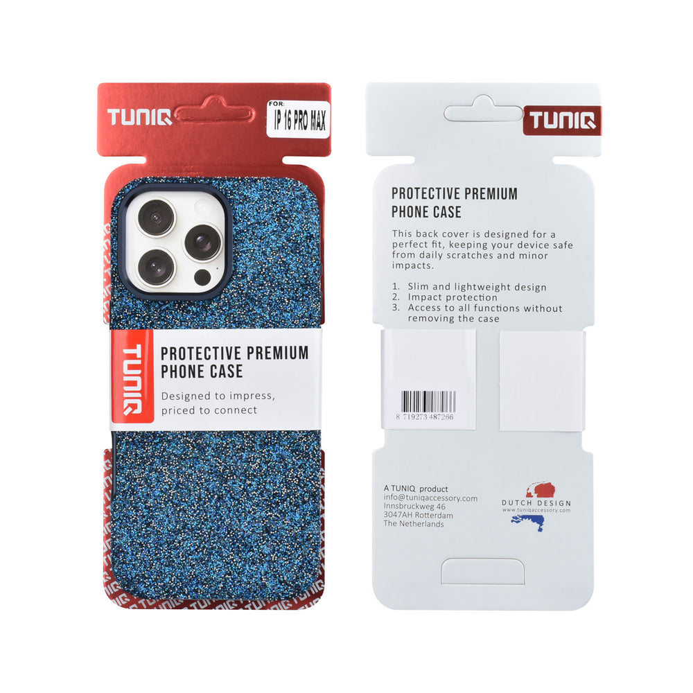 Voor- en achterkant van verpakking van blauw TUNIQ telefoonhoesje met glitters