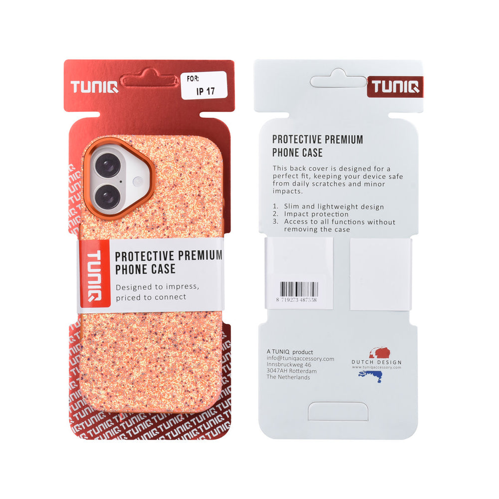 Voor- en achterkant van verpakking van oranje TUNIQ telefoonhoesje met glitters