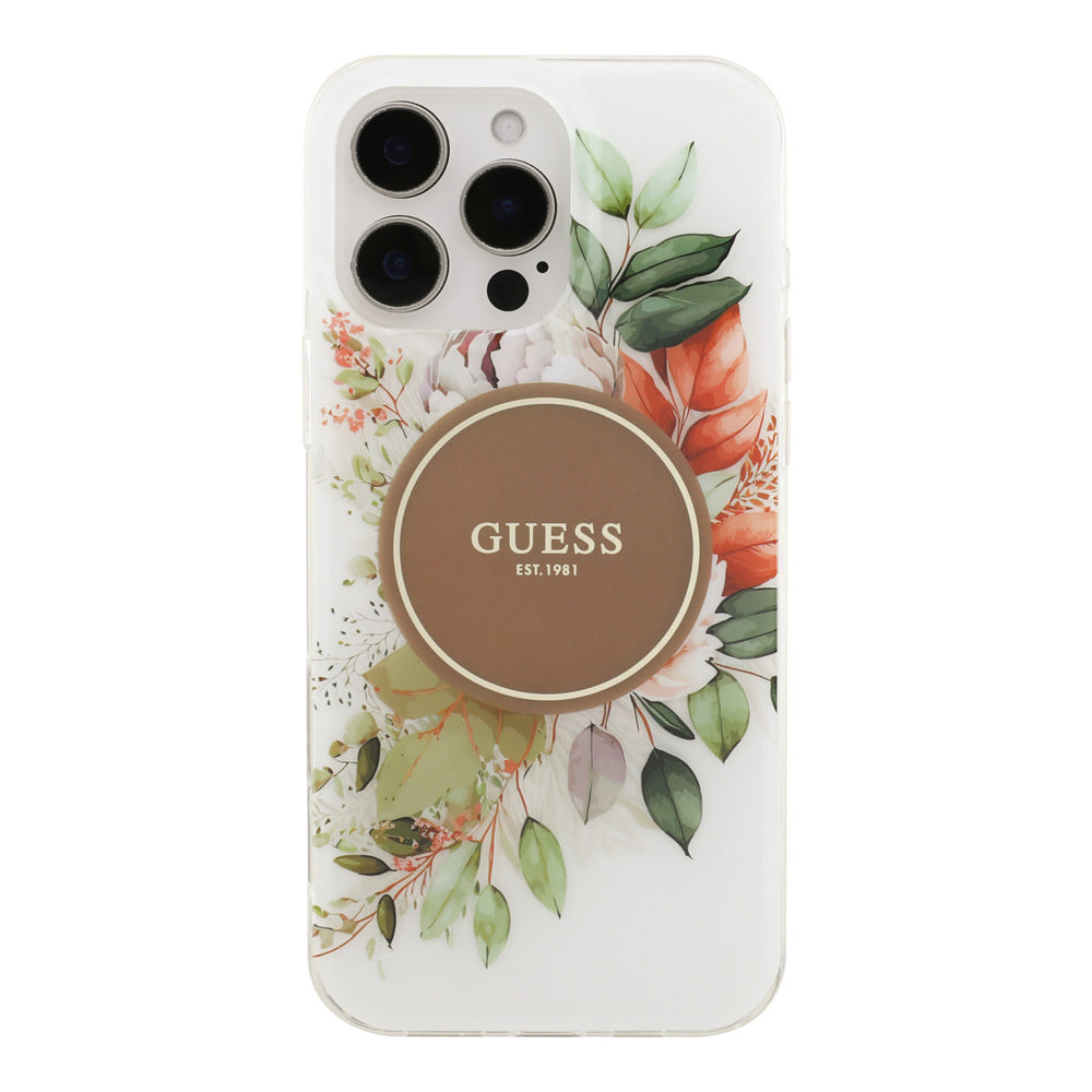 Guess telefoonhoesje met bloemen en bruin rond logo, van achteren