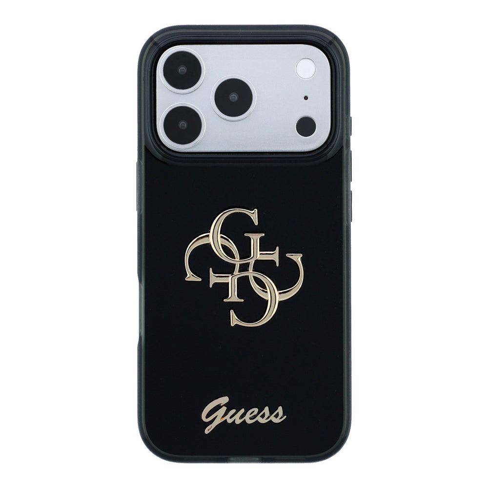 Zwart Guess telefoonhoesje met groot 4G-logo en goudkleurig schriftlogo, van achteren