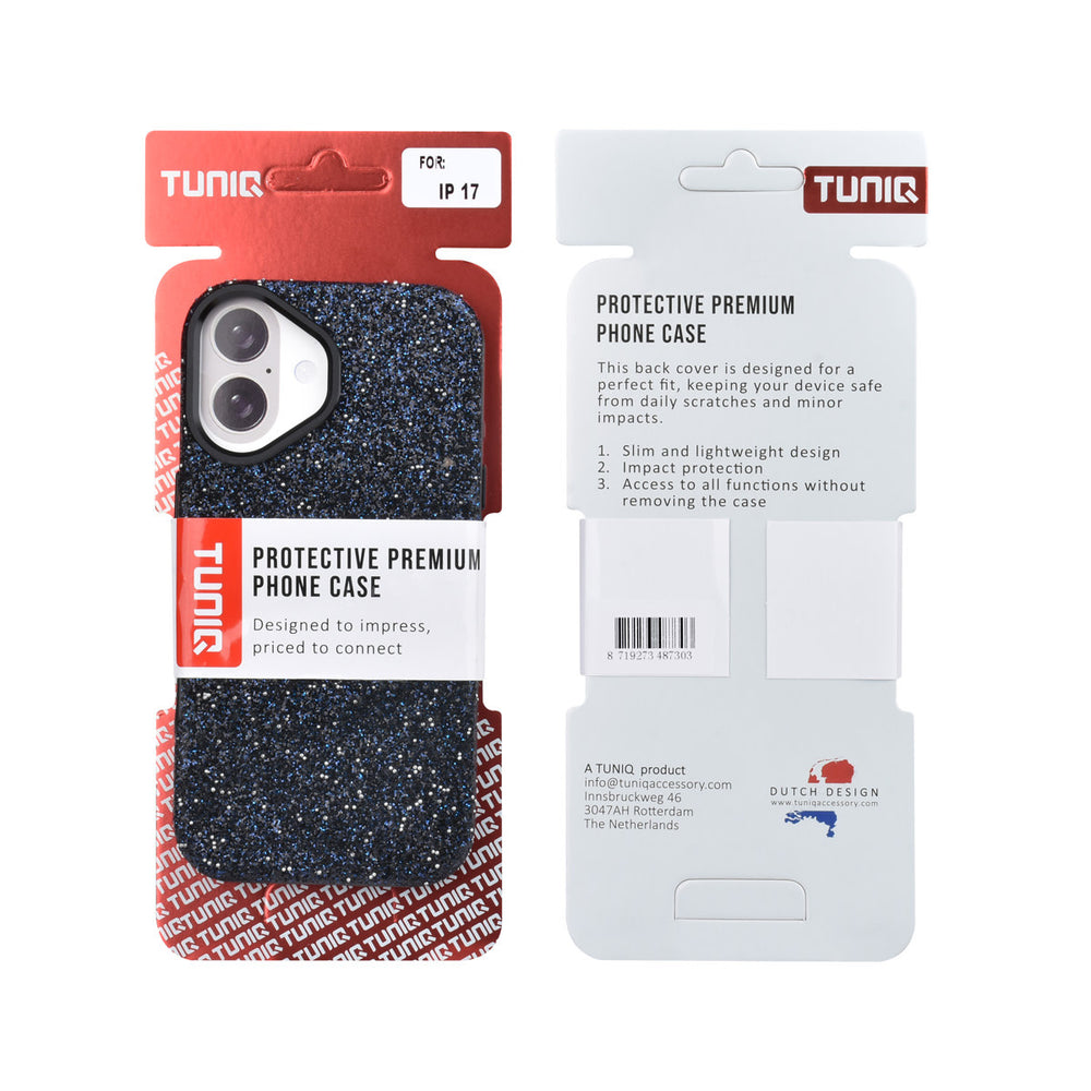 Voor- en achterkant van verpakking van zwart TUNIQ telefoonhoesje met glitters