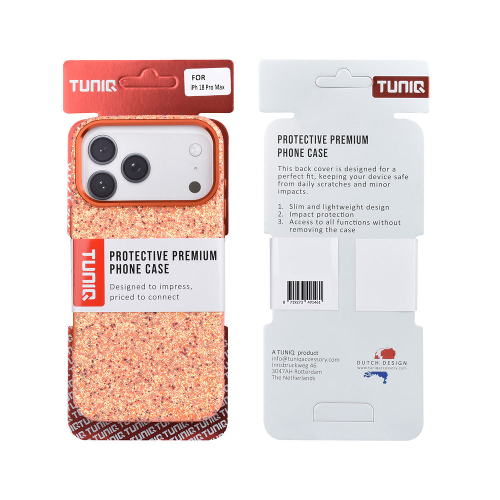 Voor- en achterkant van verpakking van oranje TUNIQ telefoonhoesje met glitters