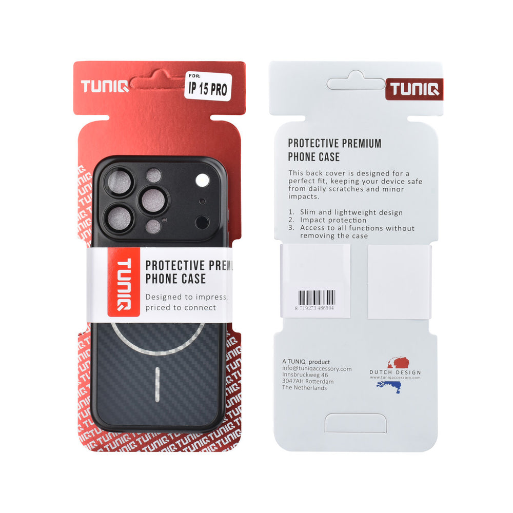 Voor- en achterkant van verpakking van zwart TUNIQ telefoonhoesje met diagonaal patroon en ring
