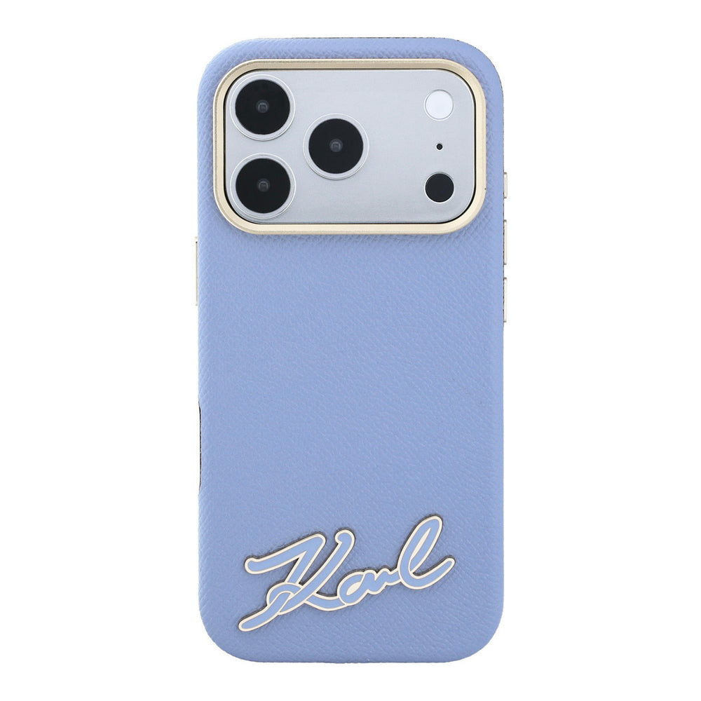 Lichtblauw Karl Lagerfeld telefoonhoesje met schriftlogo, van achteren