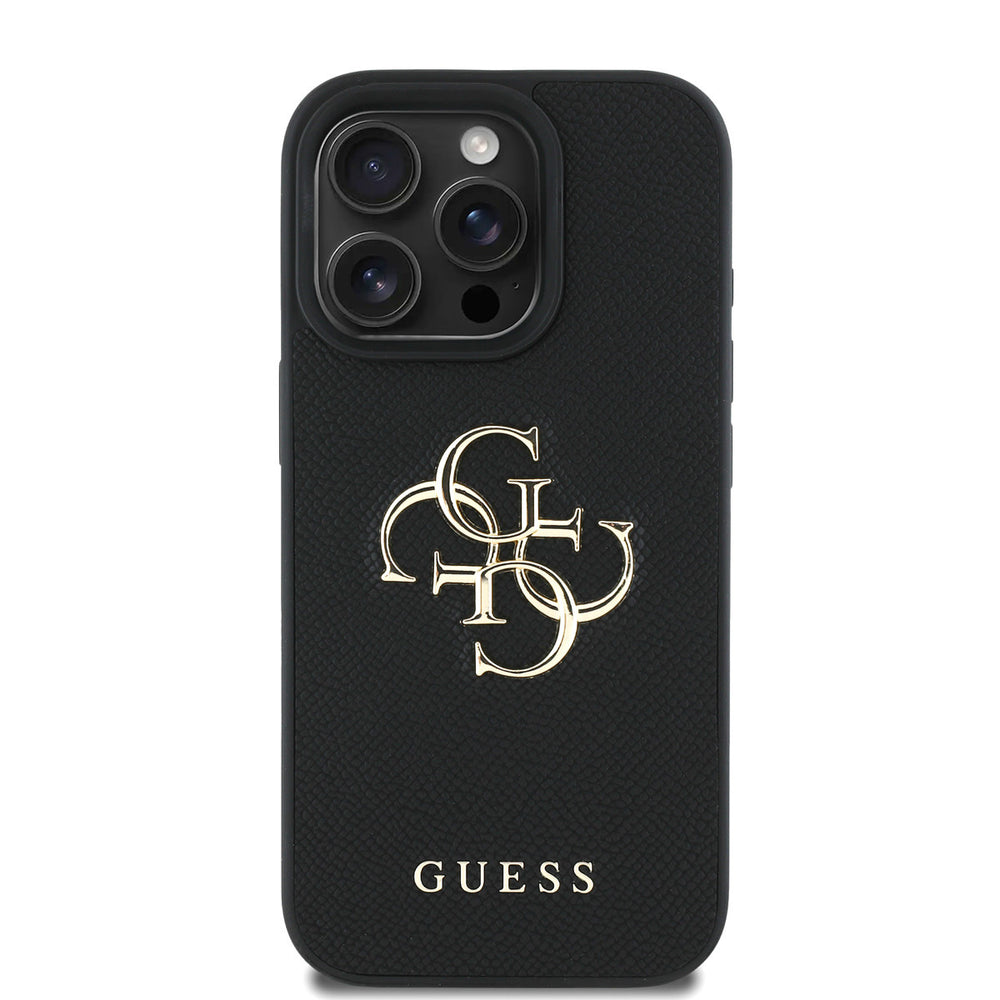 Zwart Guess telefoonhoesje met groot goudkleurig 4G-logo, van achteren